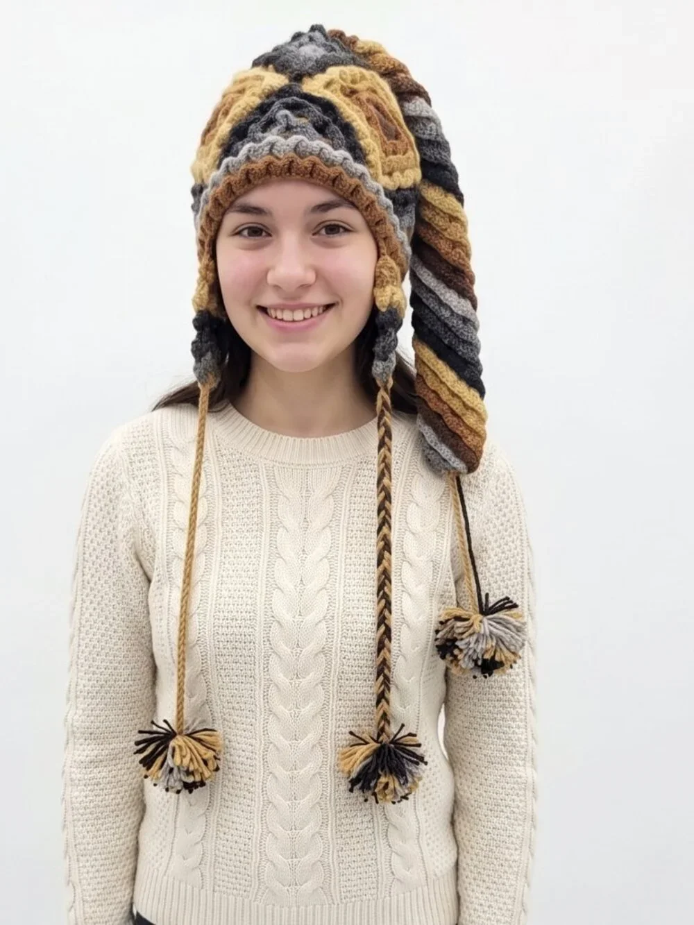 Hand-Knitted Alpaca Wool Chullo with Geometric Designs and Pom-poms